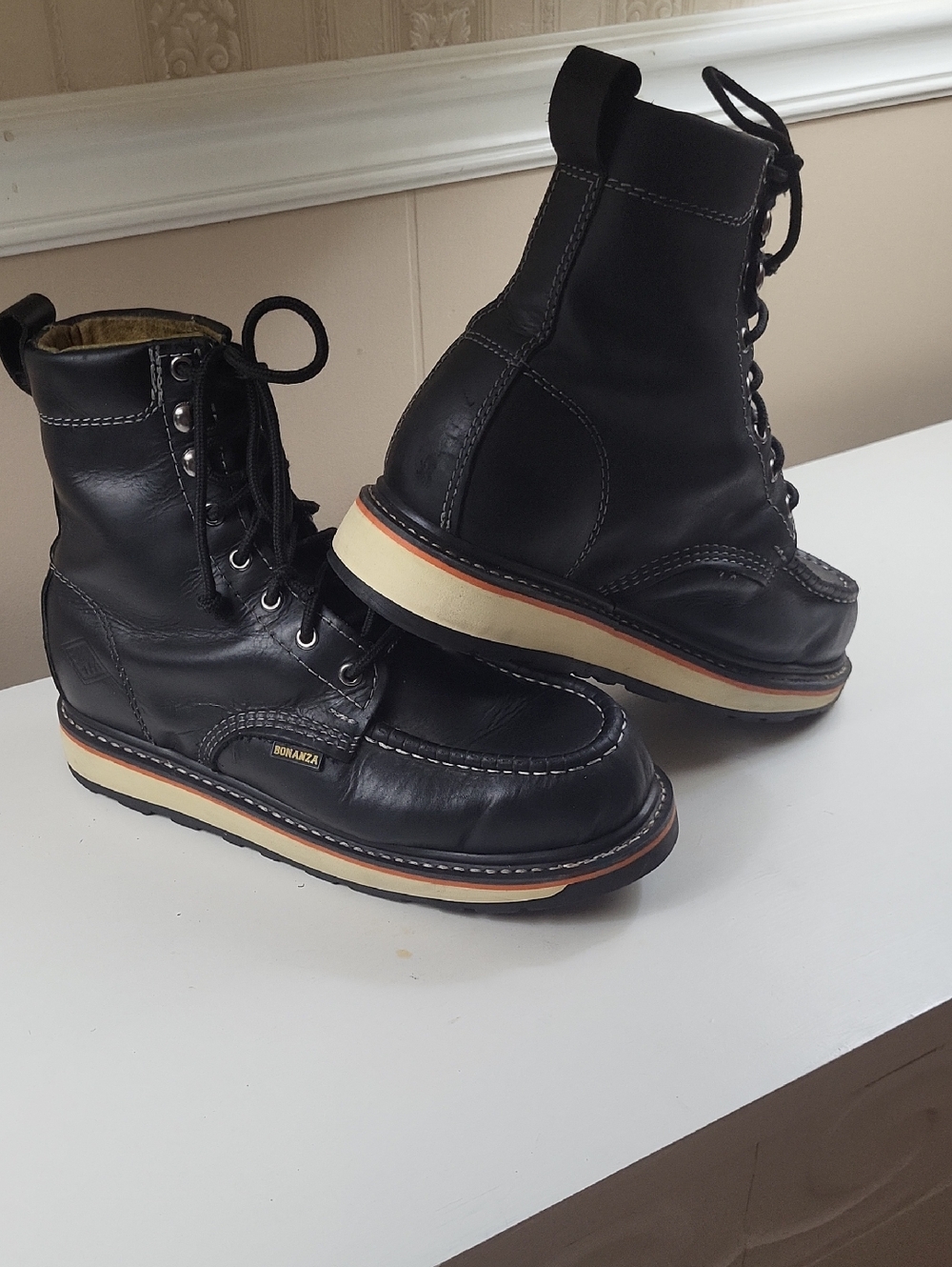 Men's BONANZA Black Leather Lace-Up Work Boots, SIZE 9